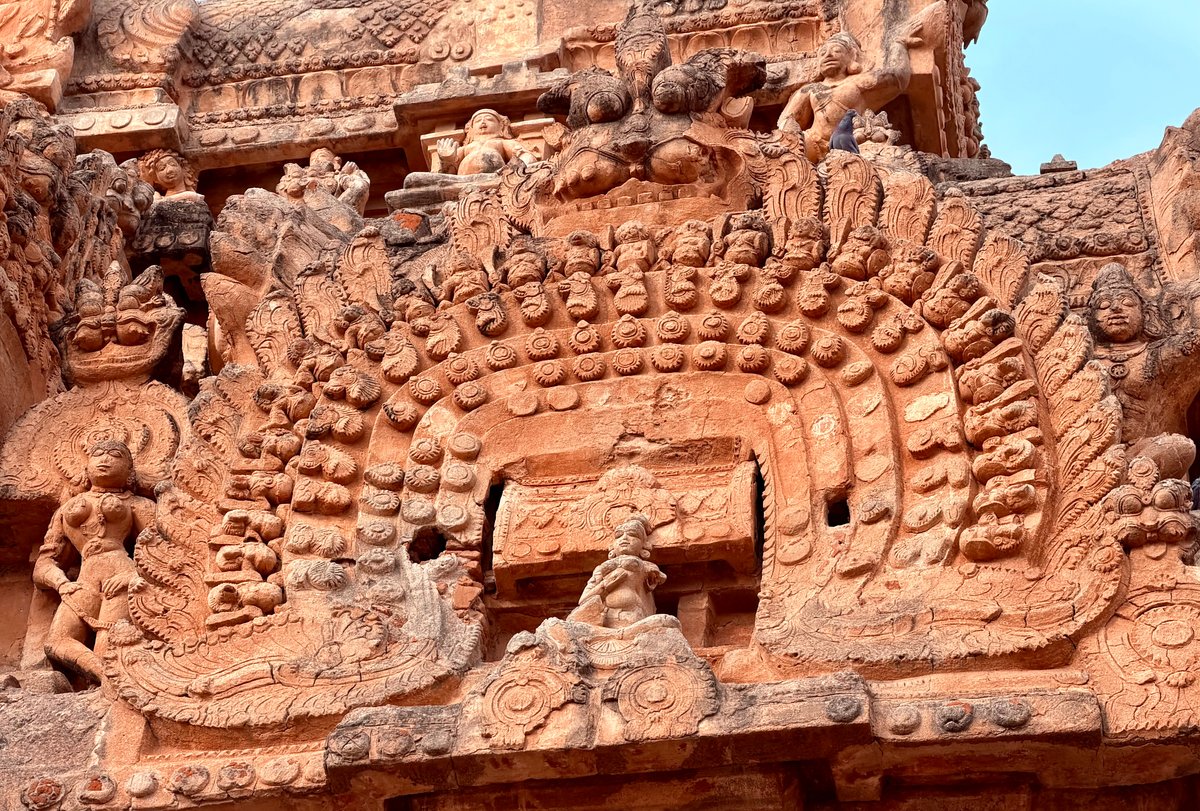 Close-up of a kirtimukha at the center of a gopuram arch — the face of glory, surrounded by scrolling vines and miniature deities. You could study this for an hour.