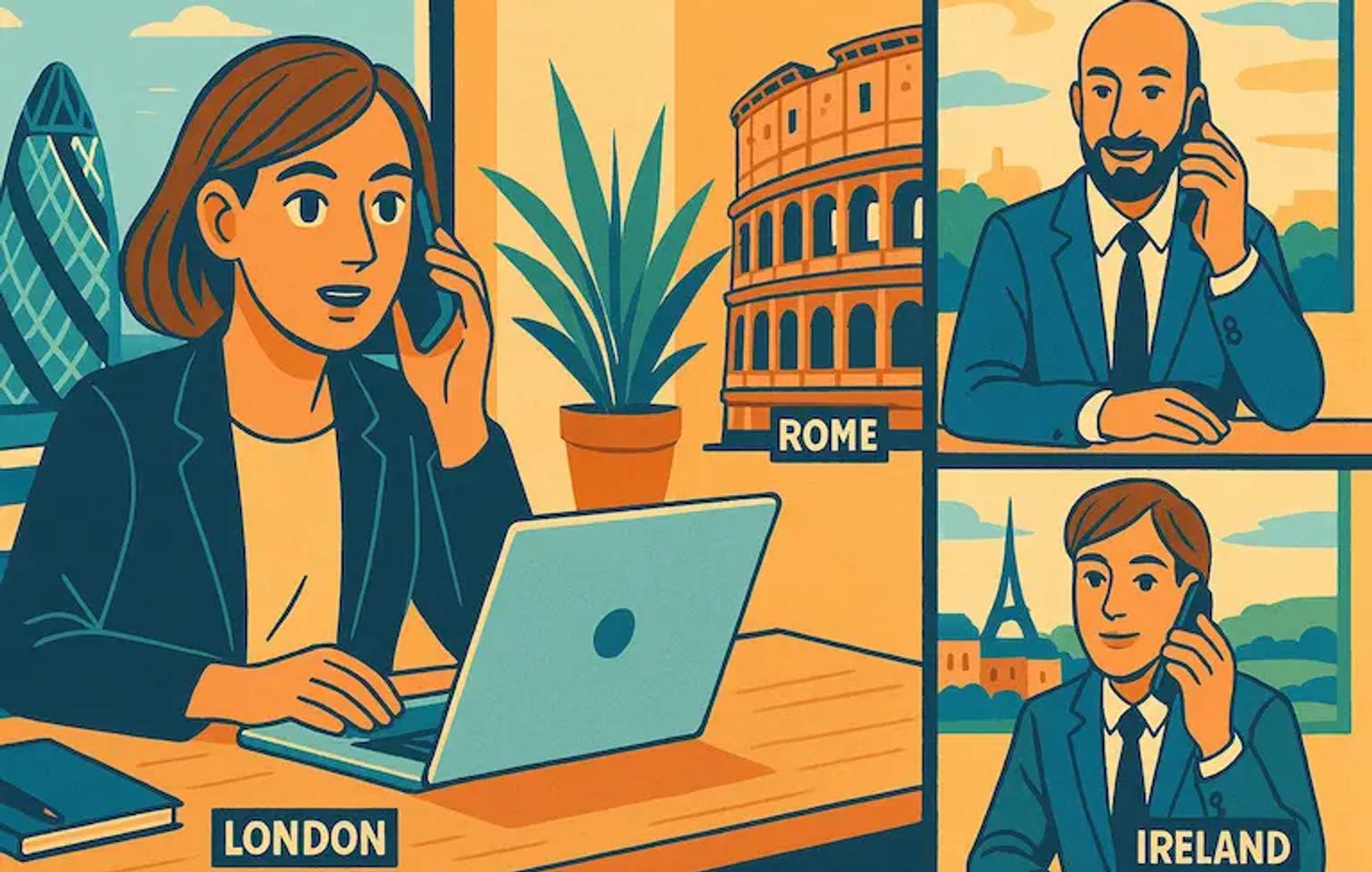 image of a female founder in London on the phone to someone sitting in rome, someone sitting in paris and someone sitting in ireland