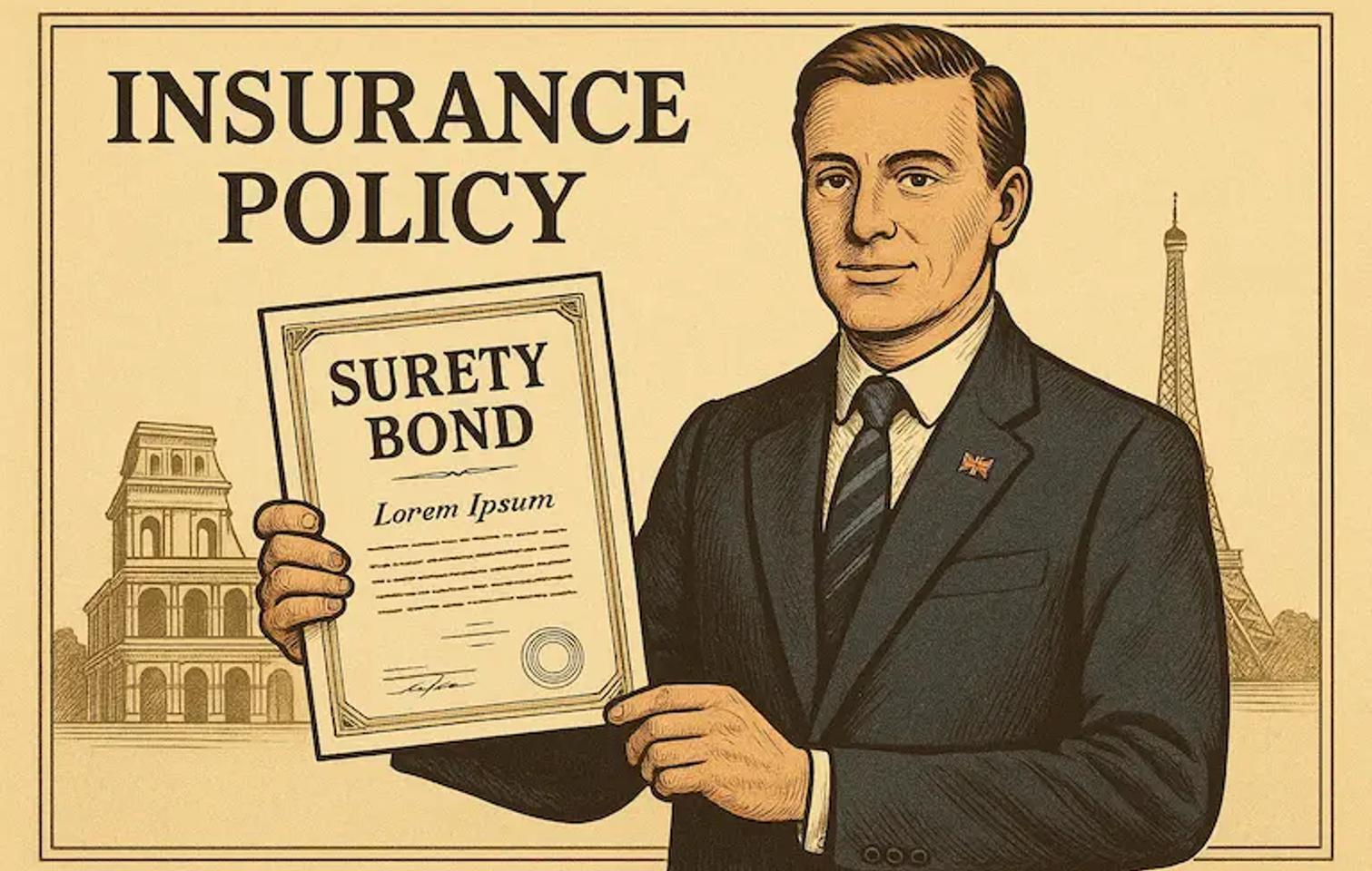 vintage-inspired illustration styled like a classic insurance policy certificate, featuring a UK founder proudly holding a surety bond