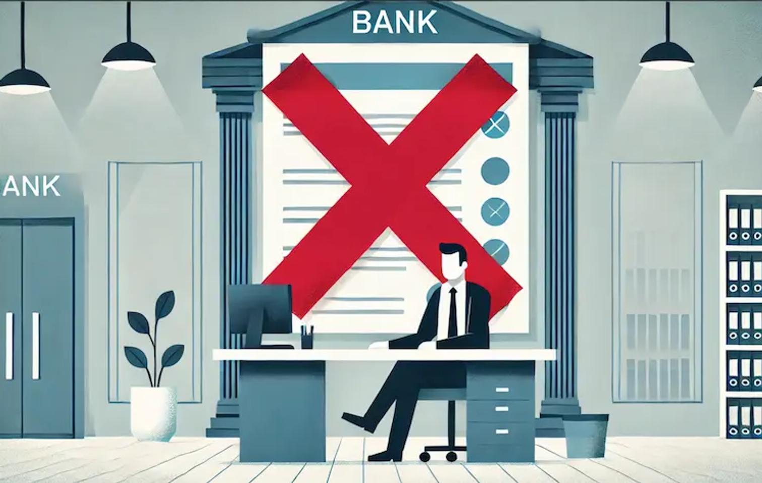 a founder working in a bank, giant red X