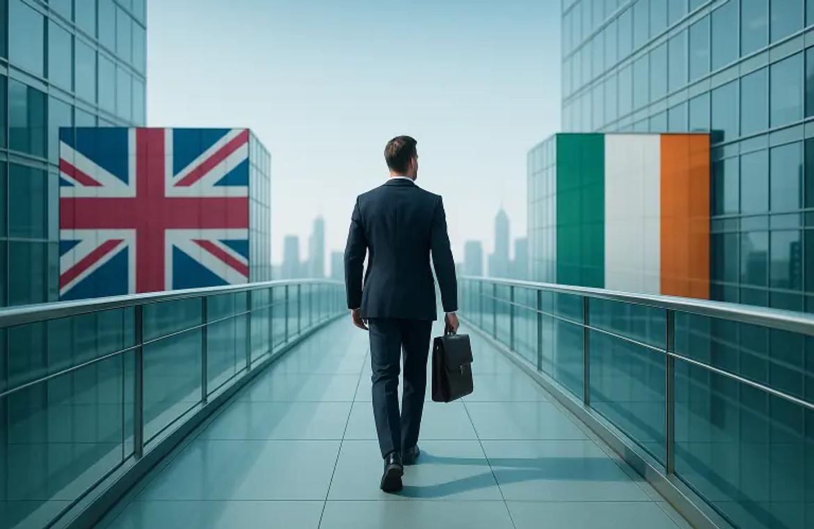 Founder walking across a bridge connecting Ireland and the UK