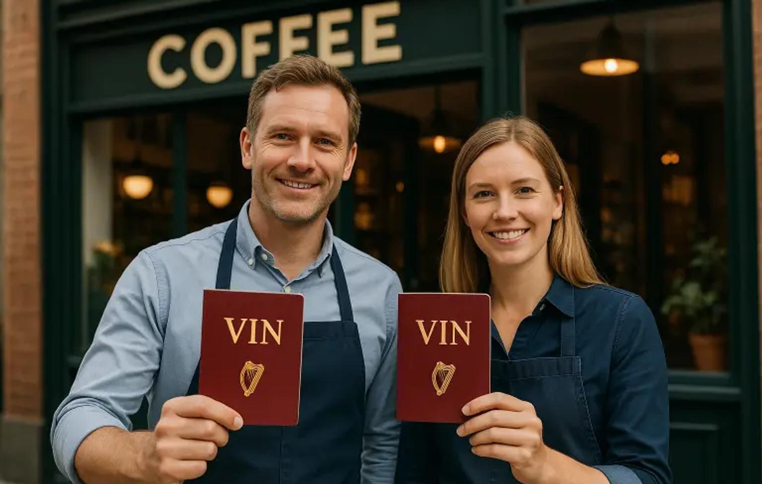 semi-realistic, wide-aspect image of a UK man and woman proudly holding up red Irish VIN documents outside their coffee shop