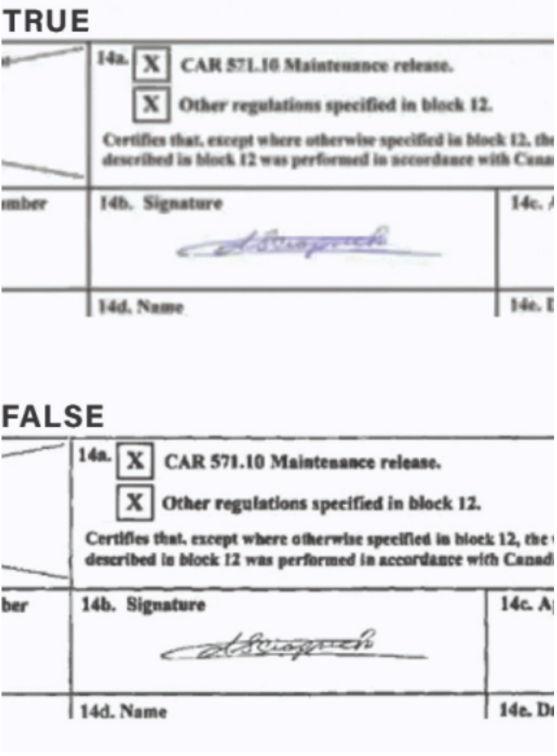 The falsified ARC’s signature block (top) used a scan taken from the original StandardAero form (bottom). But the falsified signature’s color on the forged ARC did not match the color of the original. Credit: StandardAero via ASCIC