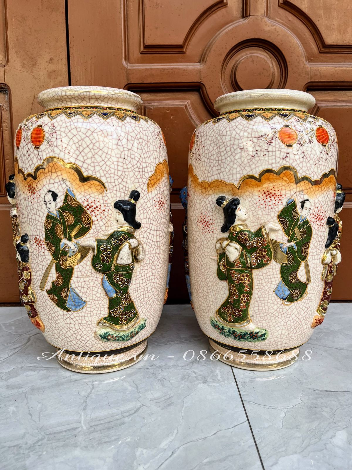 Cặp bình Satsuma Nhật gốm men rạn – ảnh 1