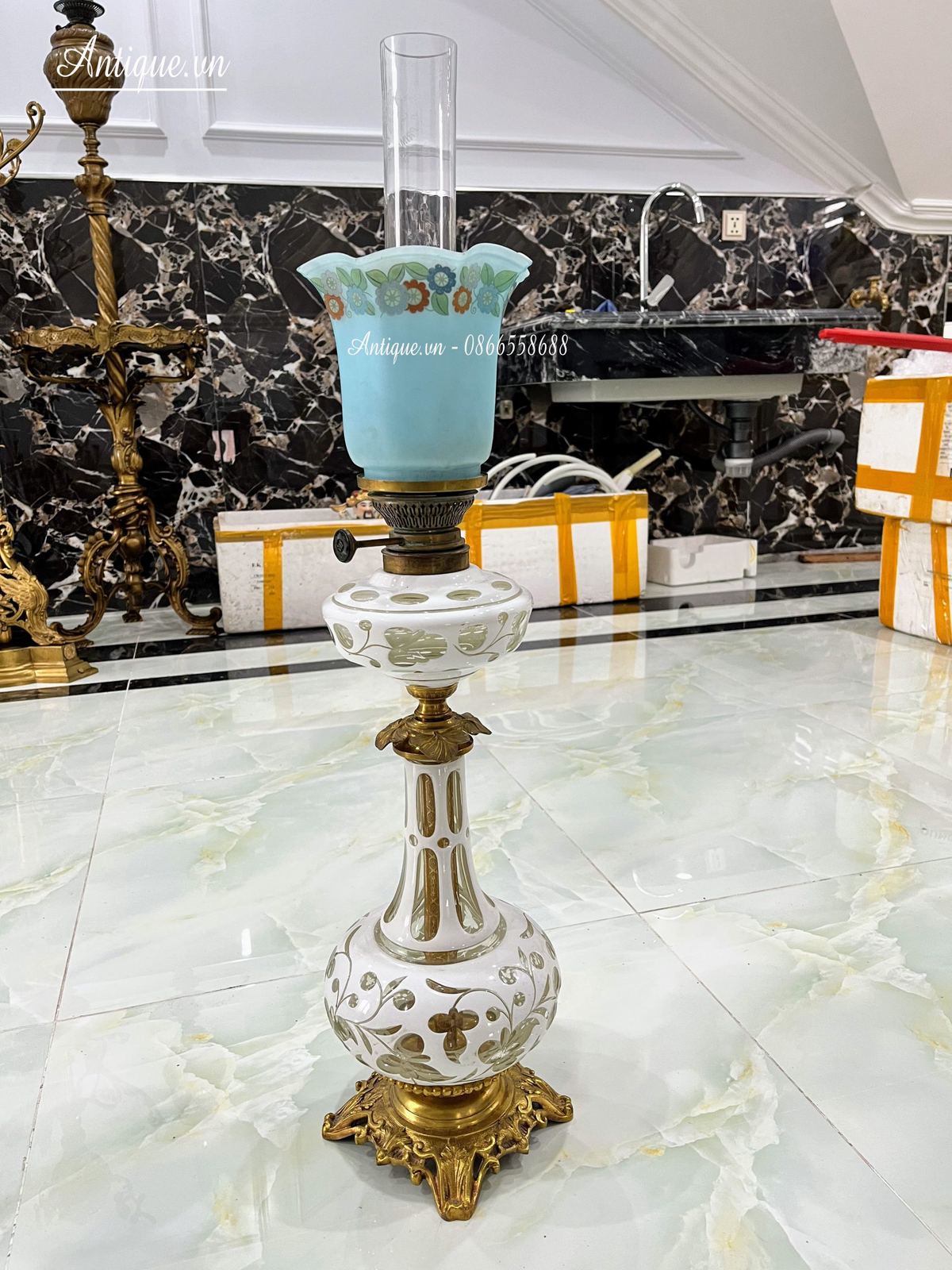 Đèn dầu pha lê Pháp, cao 75.5cm – ảnh 1