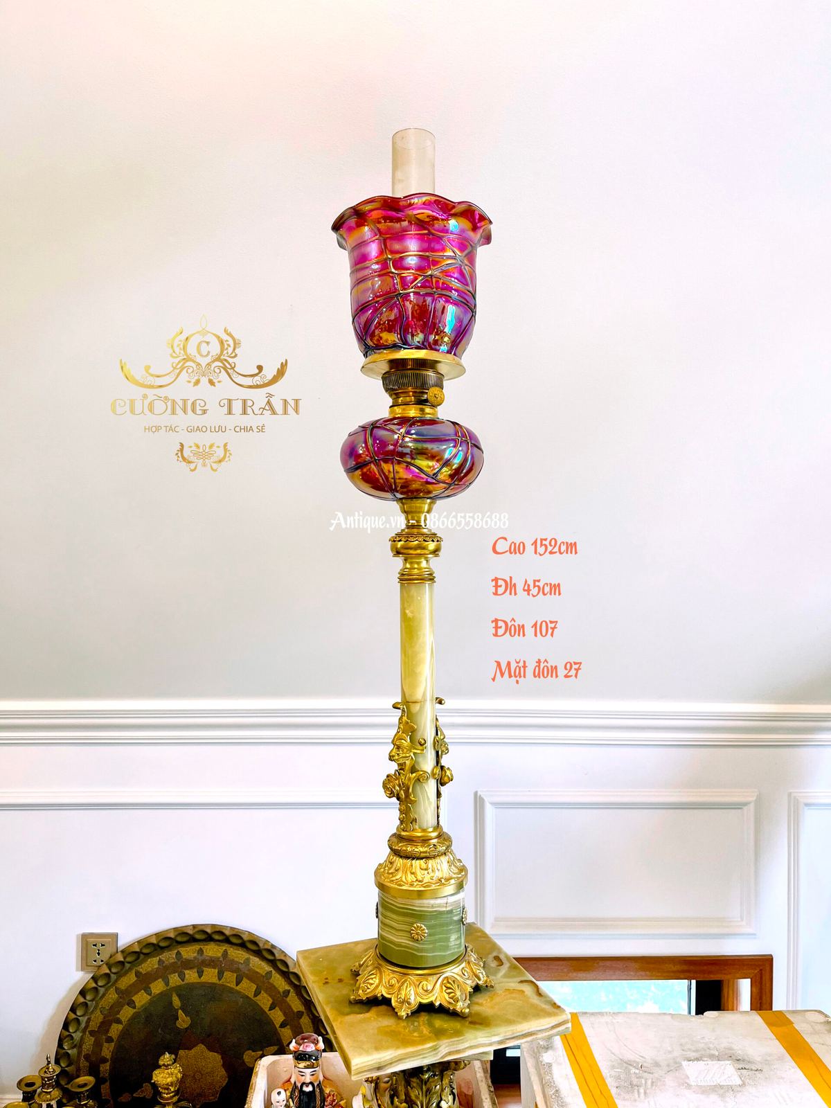 Đèn dầu chân đá cẩm thạch, cao 96cm – ảnh 1