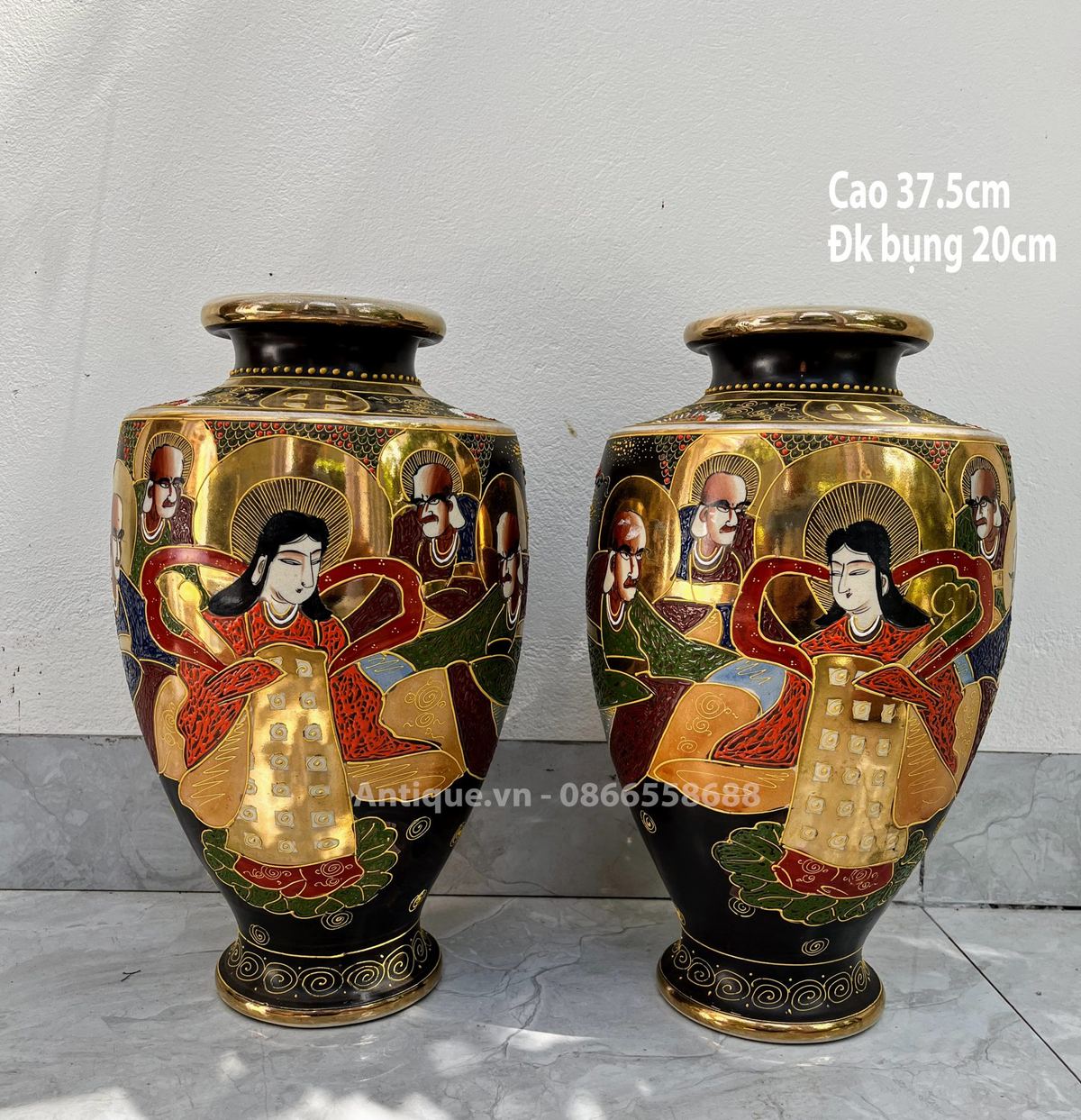 Cặp bình gốm Satsuma Nhật Bản, cao 37.5cm – ảnh 1