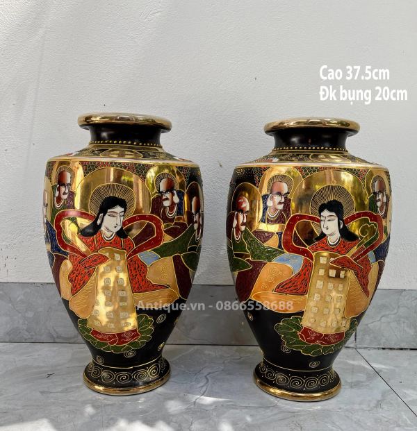 Cặp bình gốm Satsuma Nhật Bản, cao 37.5cm – ảnh 1