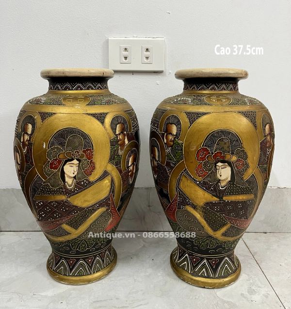 Cặp bình gốm Satsuma Nhật Bản, cao 37.5cm – ảnh 1