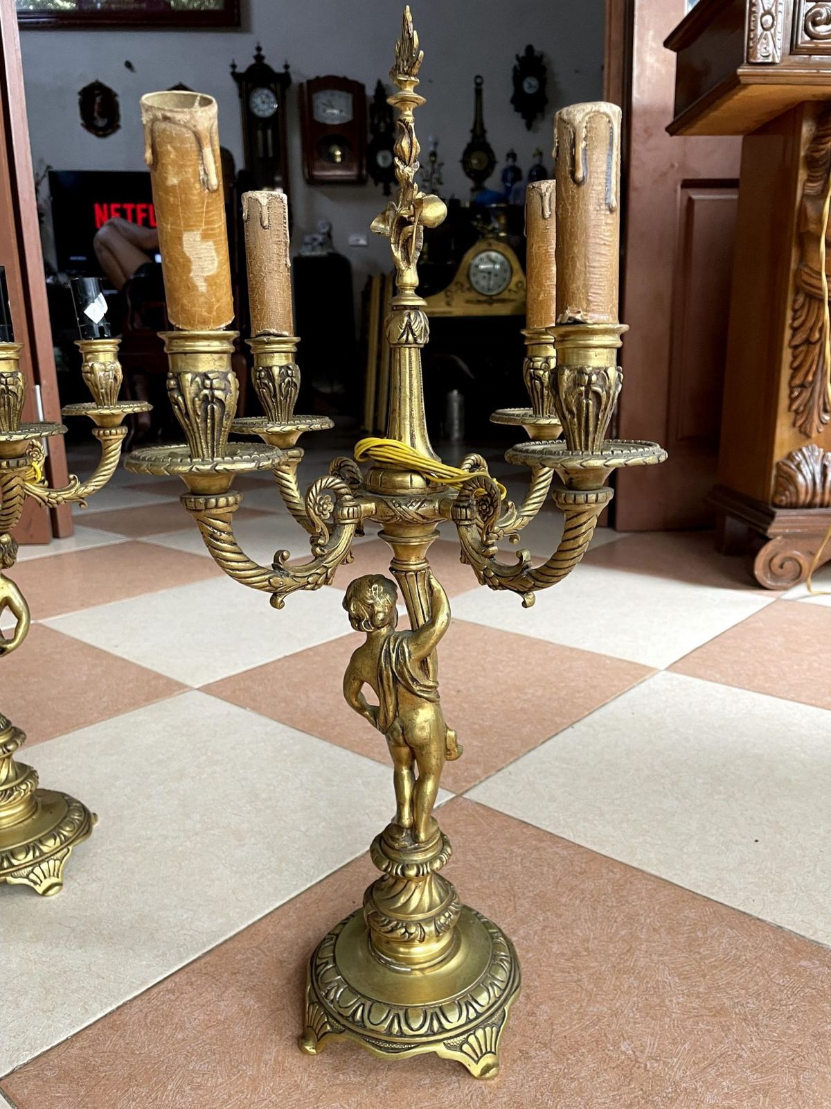 Cặp chân nến đồng đèn điện 4 ngọn Pháp – ảnh 4