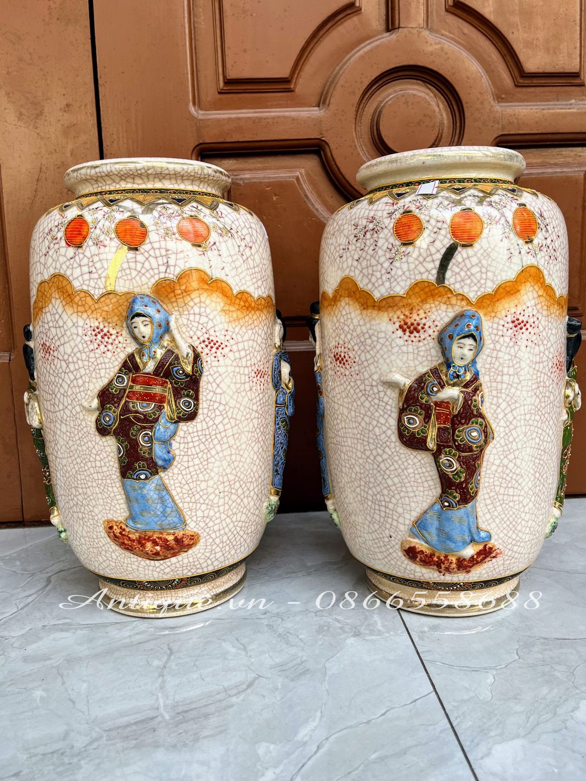 Cặp bình Satsuma Nhật gốm men rạn – ảnh 2