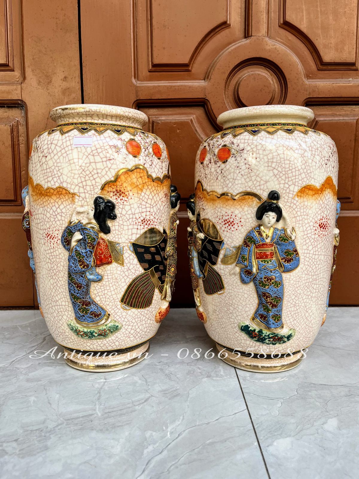 Cặp bình Satsuma Nhật gốm men rạn – ảnh 3