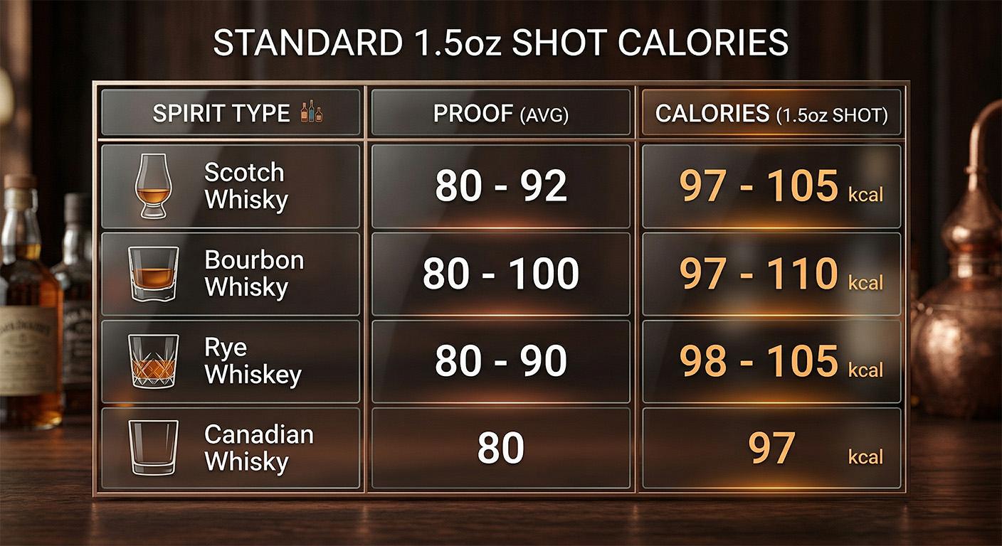 Comparative infographic showing calories and proof for Scotch, Bourbon, Rye, and Canadian whisky.