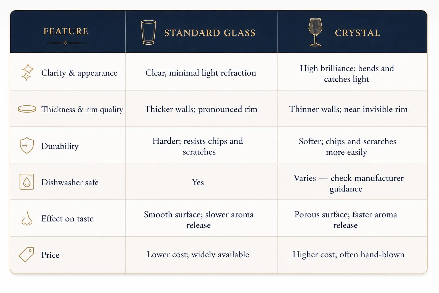 Glass vs crystal comparison table