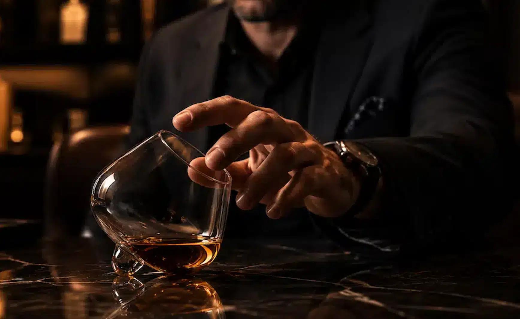 A man reaching for his Aequilibrium Spirit Glass on the table