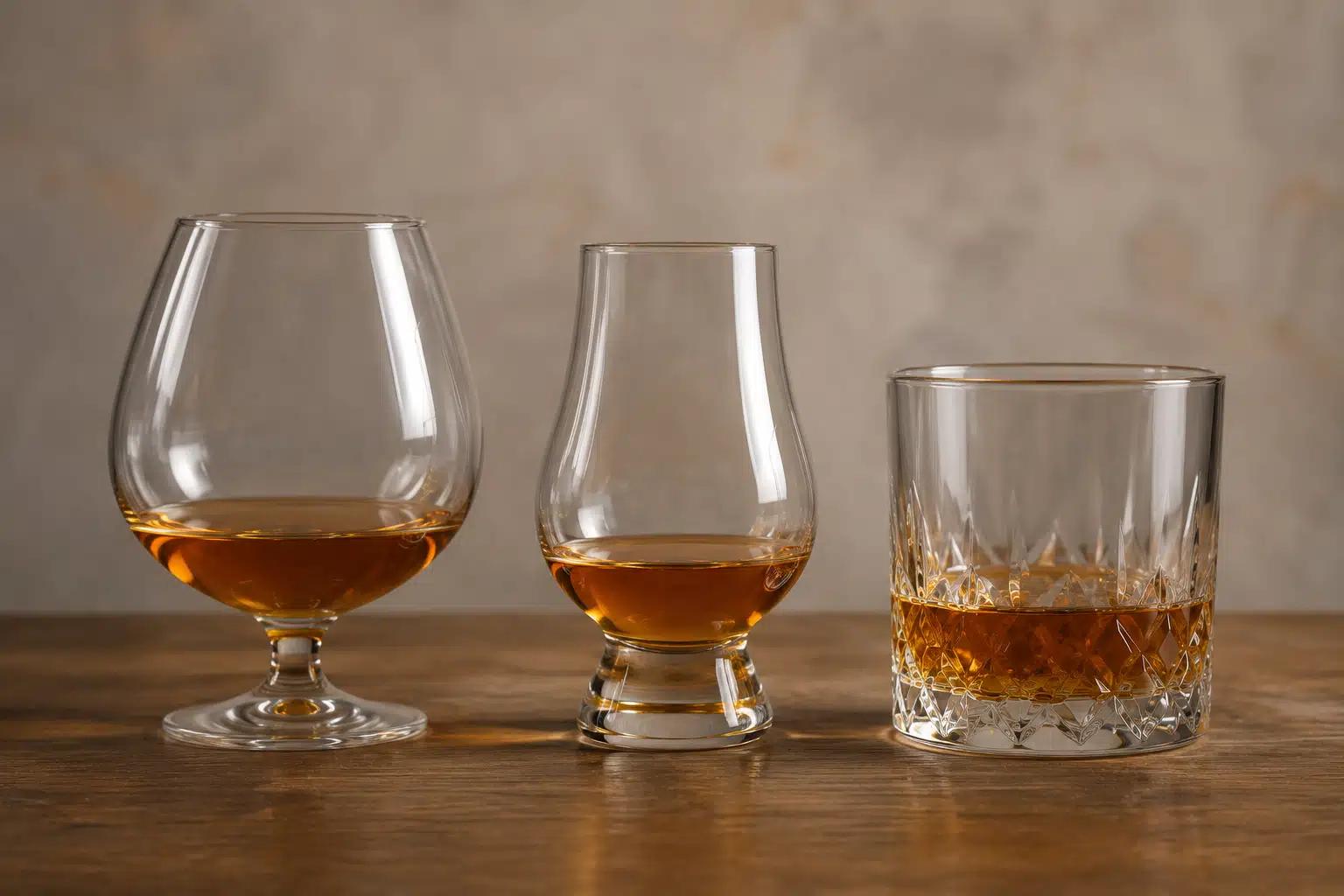 A snifter, a Glencairn, and a rocks glass with whiskey side by side