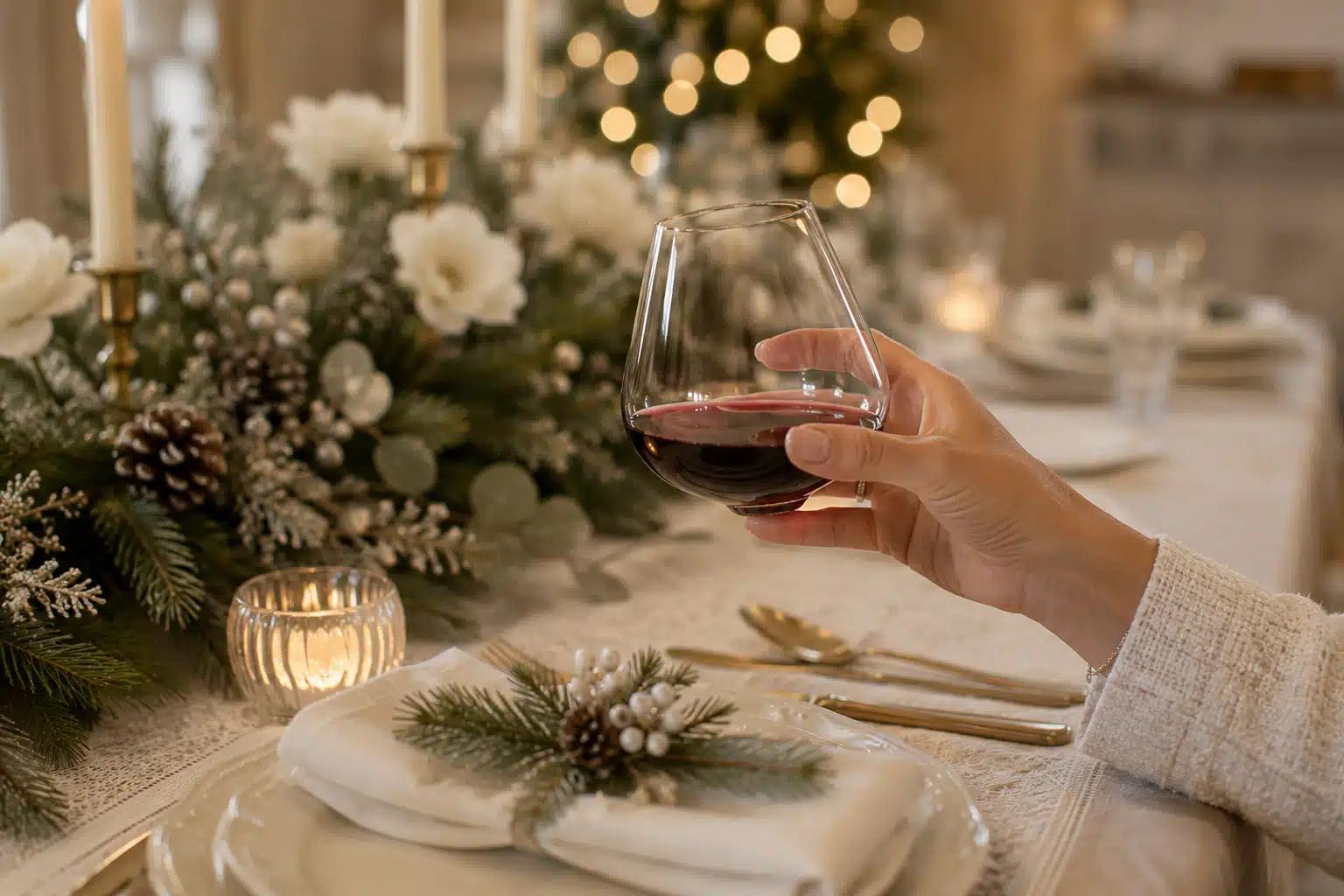 A festive table setting with a person using the Aequilibrium glass