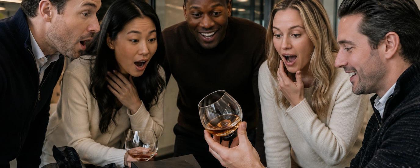 A group of coworkers amazed by the Aequilibrium crystal rotating glass