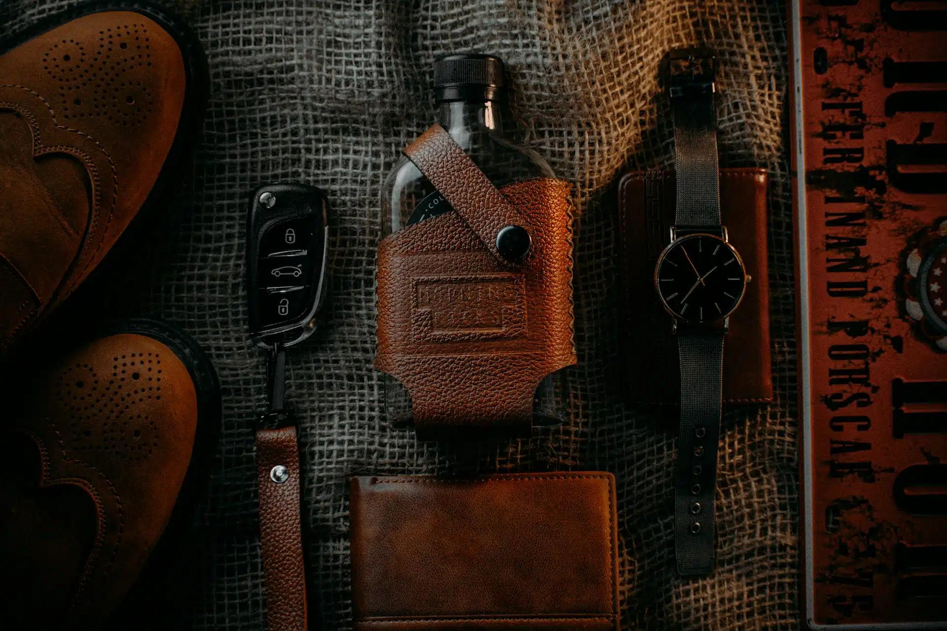 Monogrammed leather flask cover