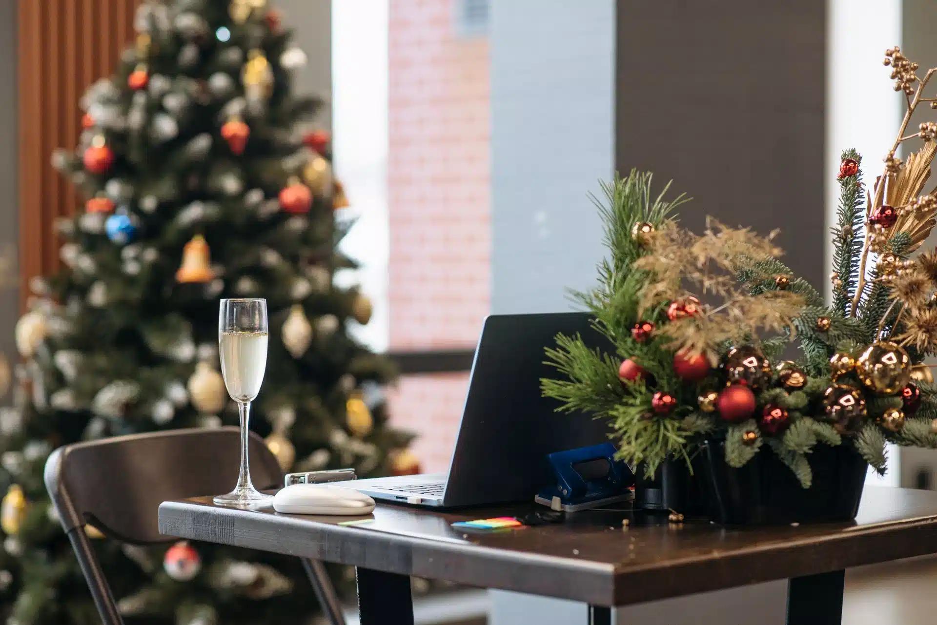 An office decorated with holiday decor