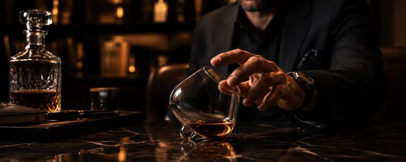 A man reaching for the Aequilibrium Spirit Glass on a desk