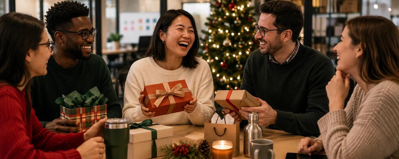 A group of coworkers happily exchanging gifts during Secret Santa