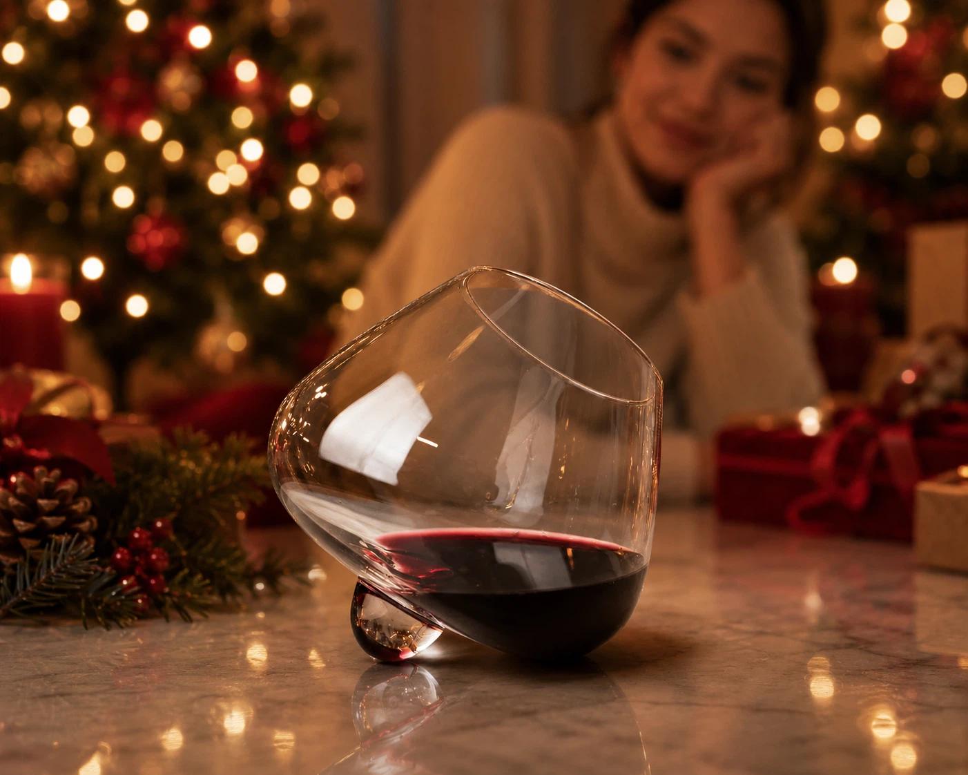 The Aequilibrium wine glass in the foreground and a woman in the background watching it spin
