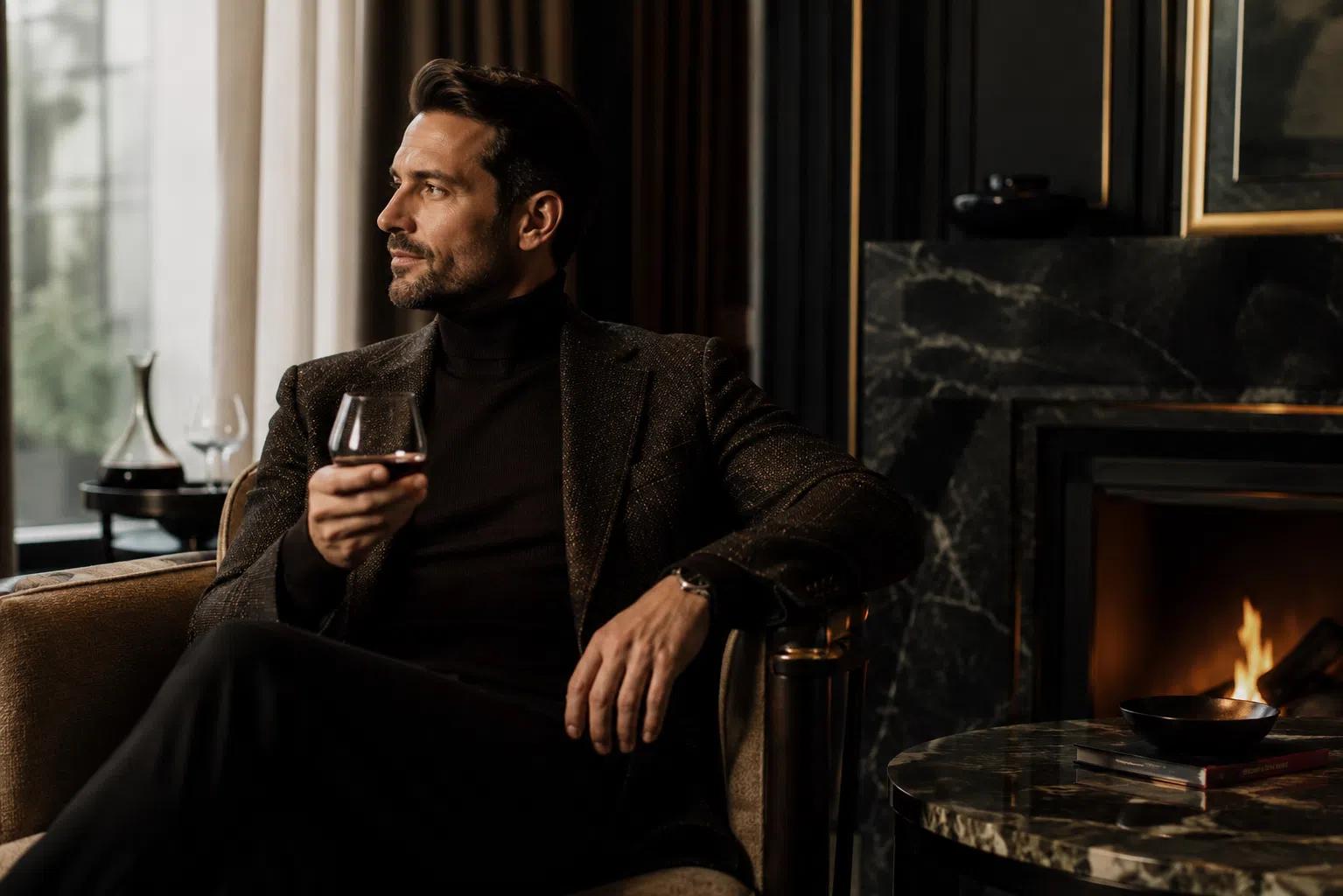 A sharply dressed man holding an Audacem Aequilibrium Wine Glass while looking contemplative