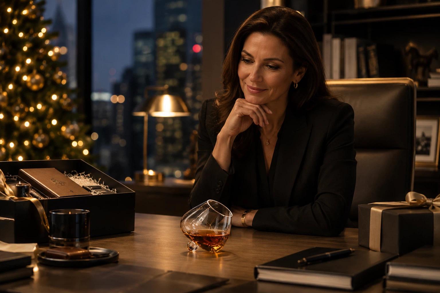 A female executive in her office looking at the motion of the Aequilibrium Spirit Glass on her desk
