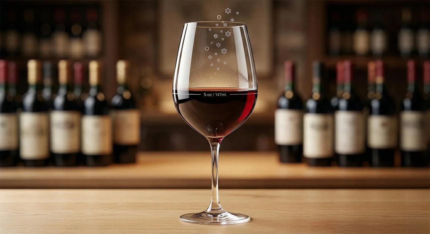 A standard 5-ounce / 147ml wine pour in a crystal glass illustrating the proper headspace for optimal aeration and sensory evaluation.