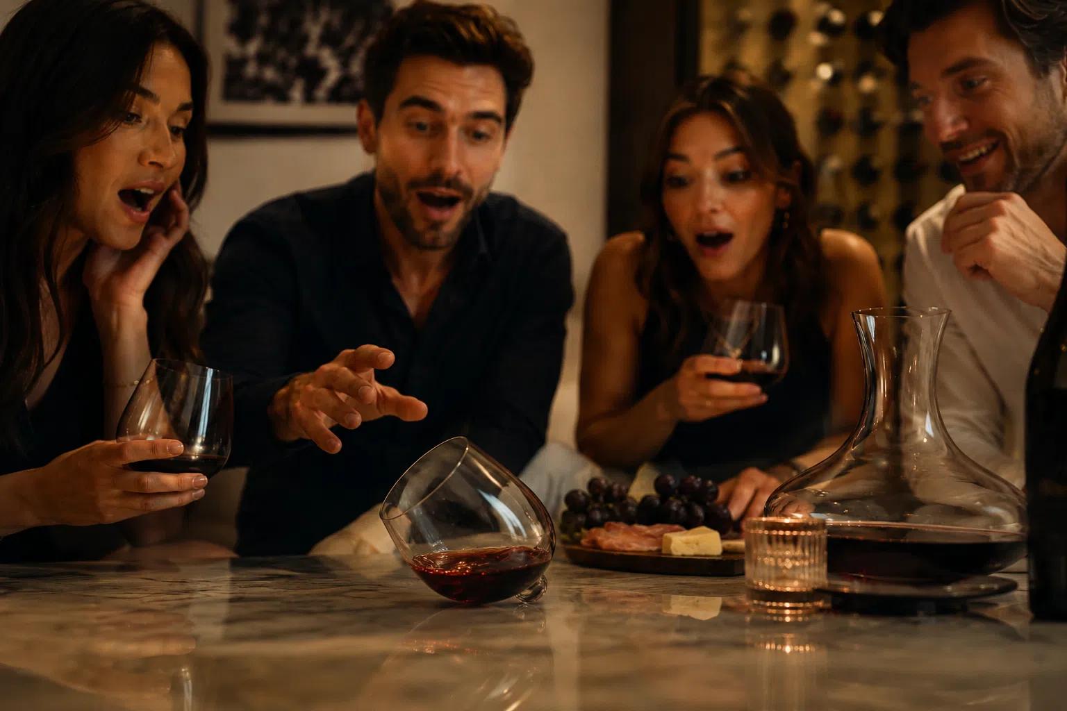 A group of friends having wine indoors looking impressed with a rotating wine glass on the table