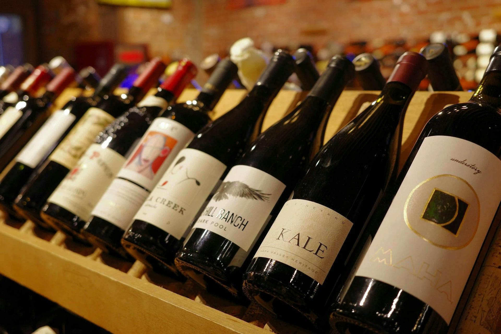 Bottles of red wine on a wine rack