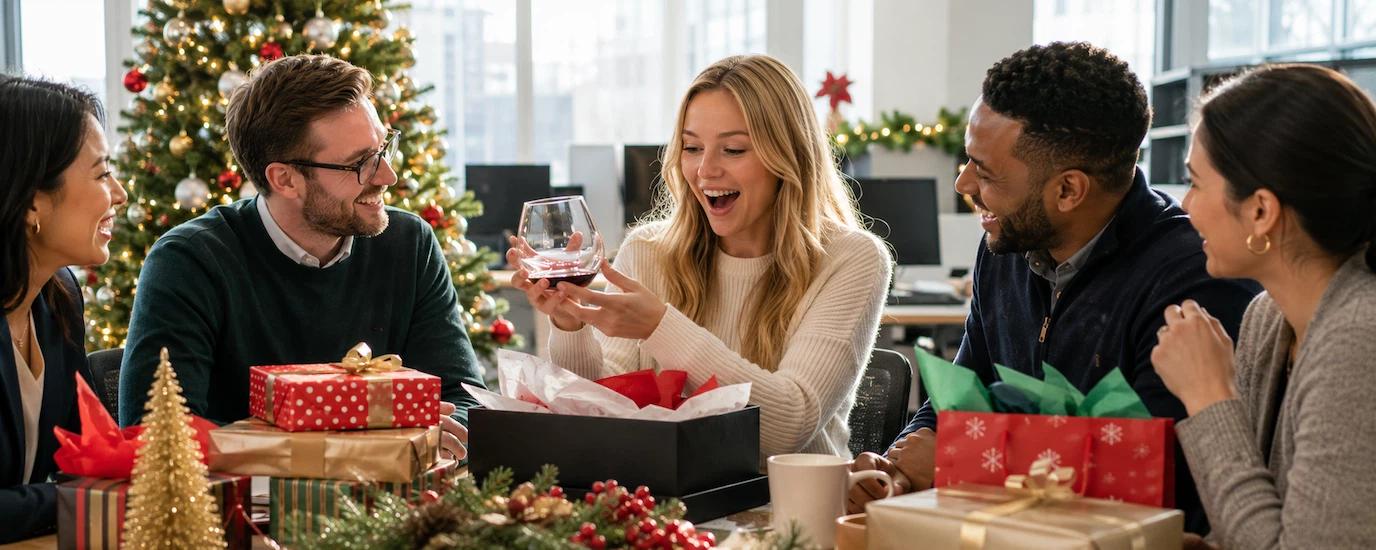 A group of officemates having a gift exchange with one person holding a stemless wine glass while looking amazed