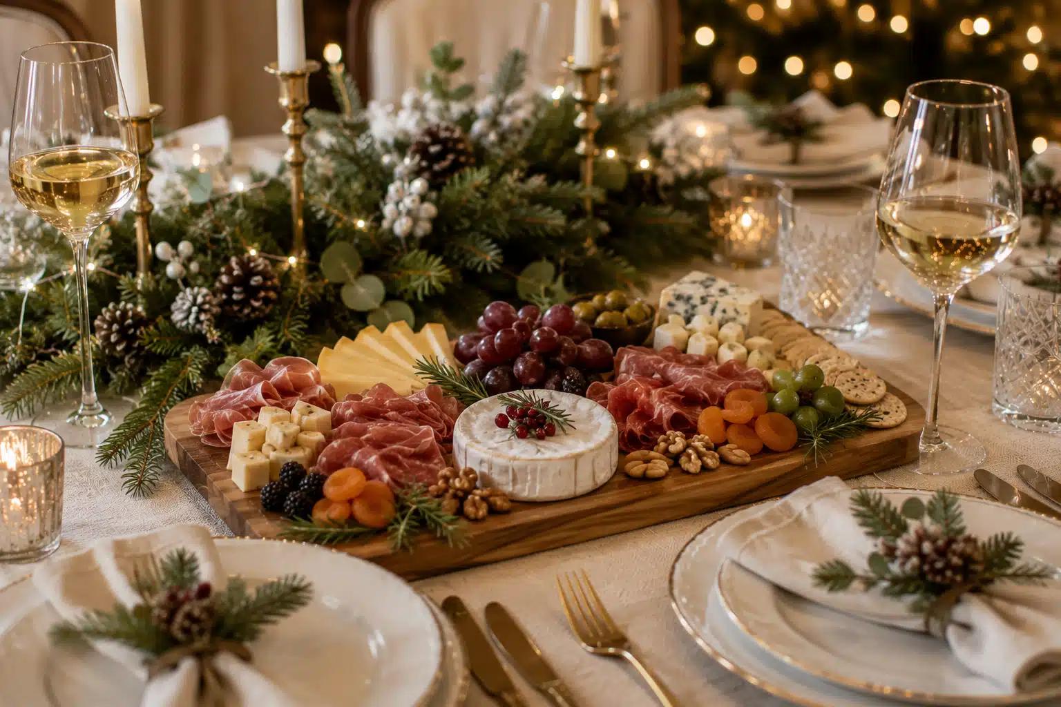A charcuterie board on a festive Christmas table setting