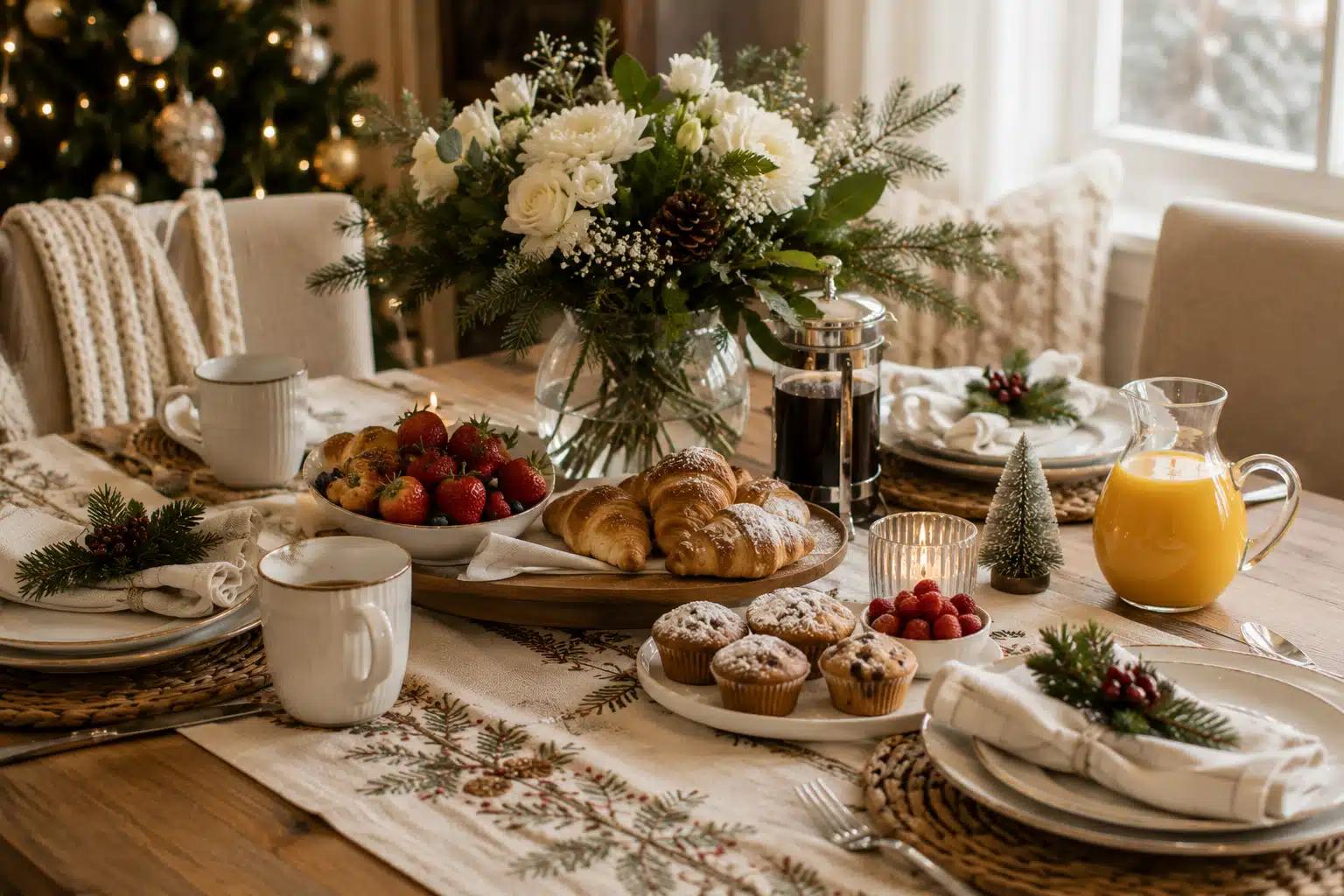 A rustic style breakfast table setting for Christmas