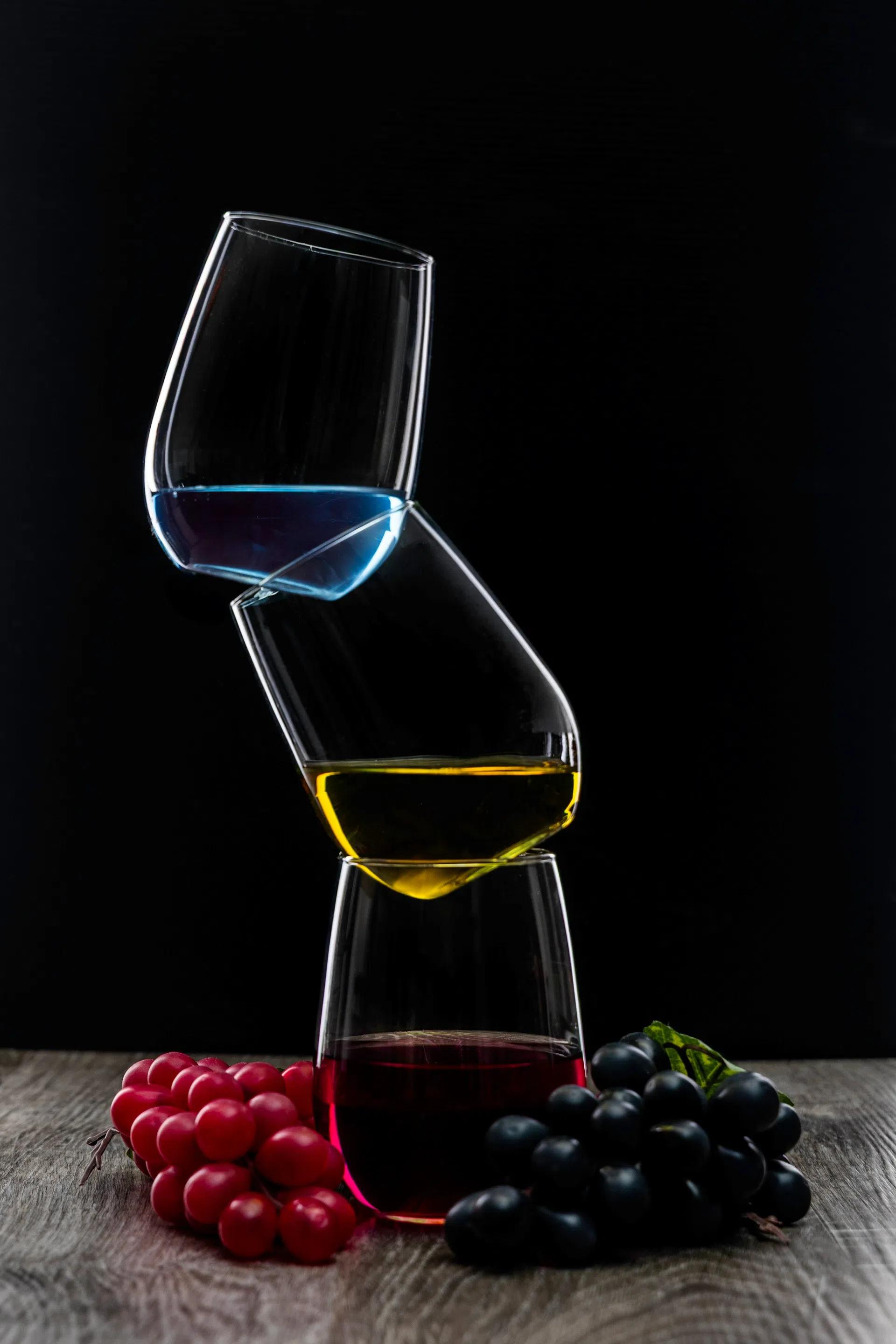 A stack of stemless wine glasses