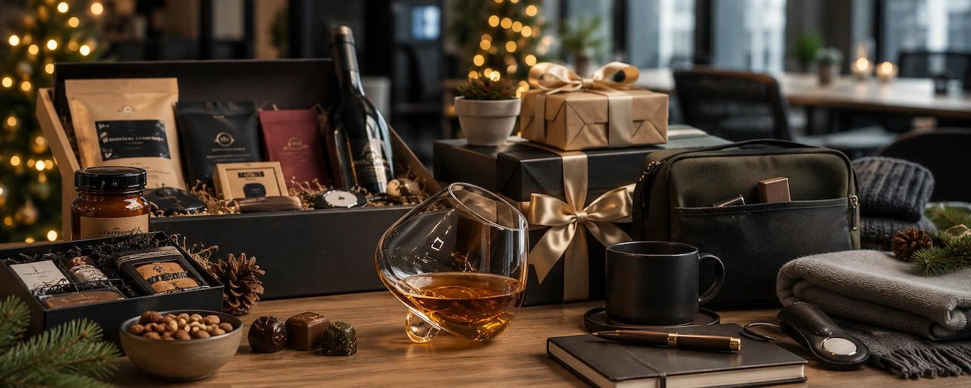 A spread of different gift items on a table with the Aequilibrium Spirit Glass in the middle