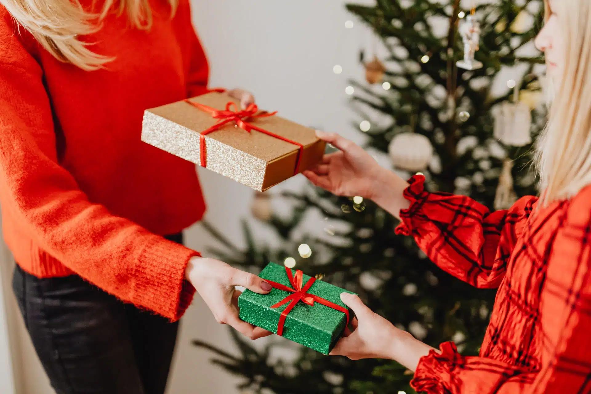 Two people exchanging gifts in front of a decorated Christmas tree, celebrating the holiday spirit.