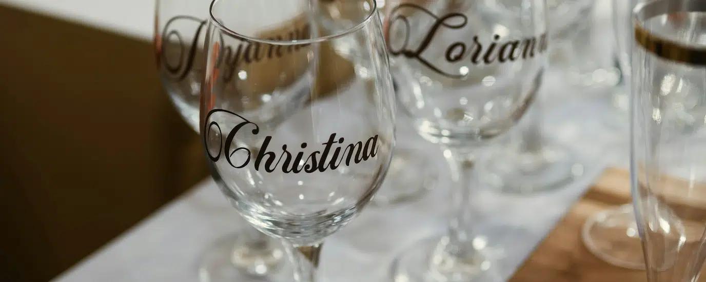 Custom engraved wine glasses on a table