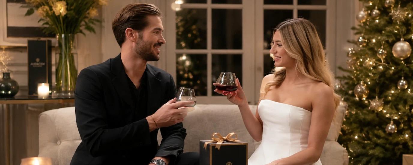 A man and a woman enjoying a glass of wine using the Aequilibrium wine glass