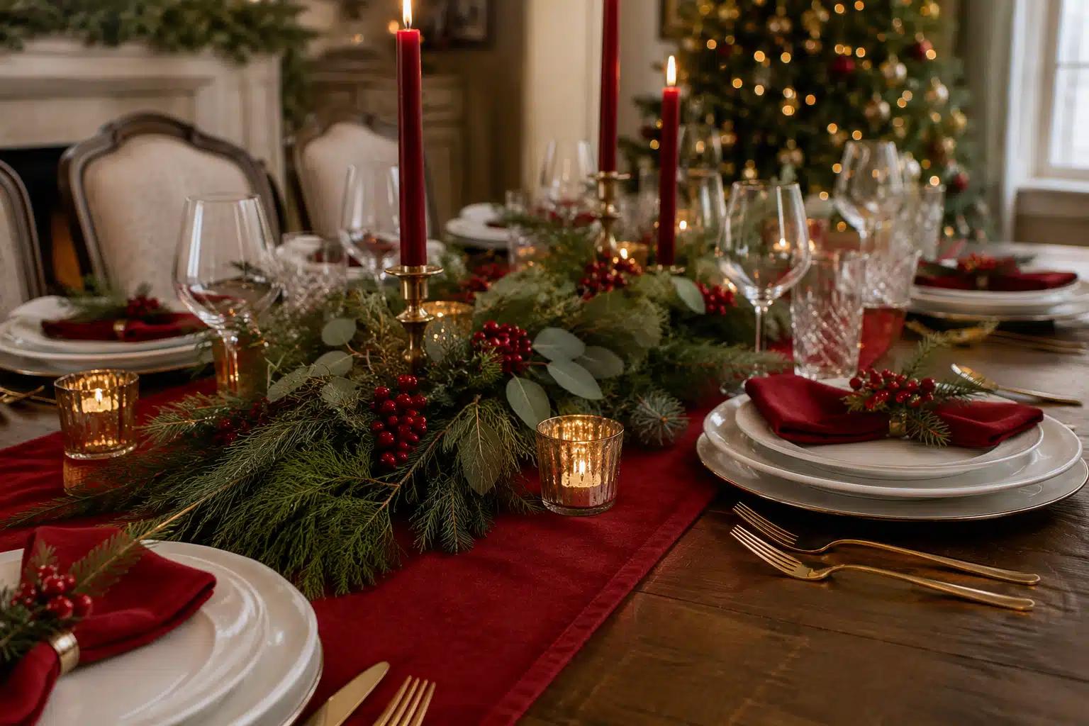 A Christmas table setting in classic red and green color palette