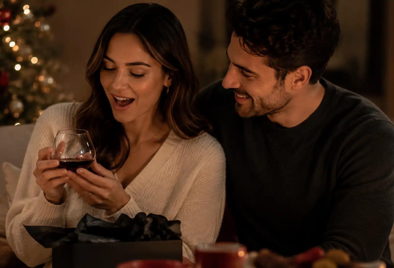 A wife receiving an Aequilibrium wine glass as a gift from her husband beside her