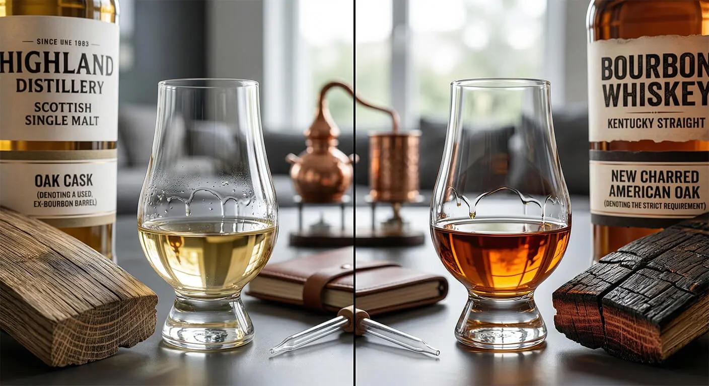 Visual comparison of Scotch whisky and Bourbon whiskey color profiles based on cask type.