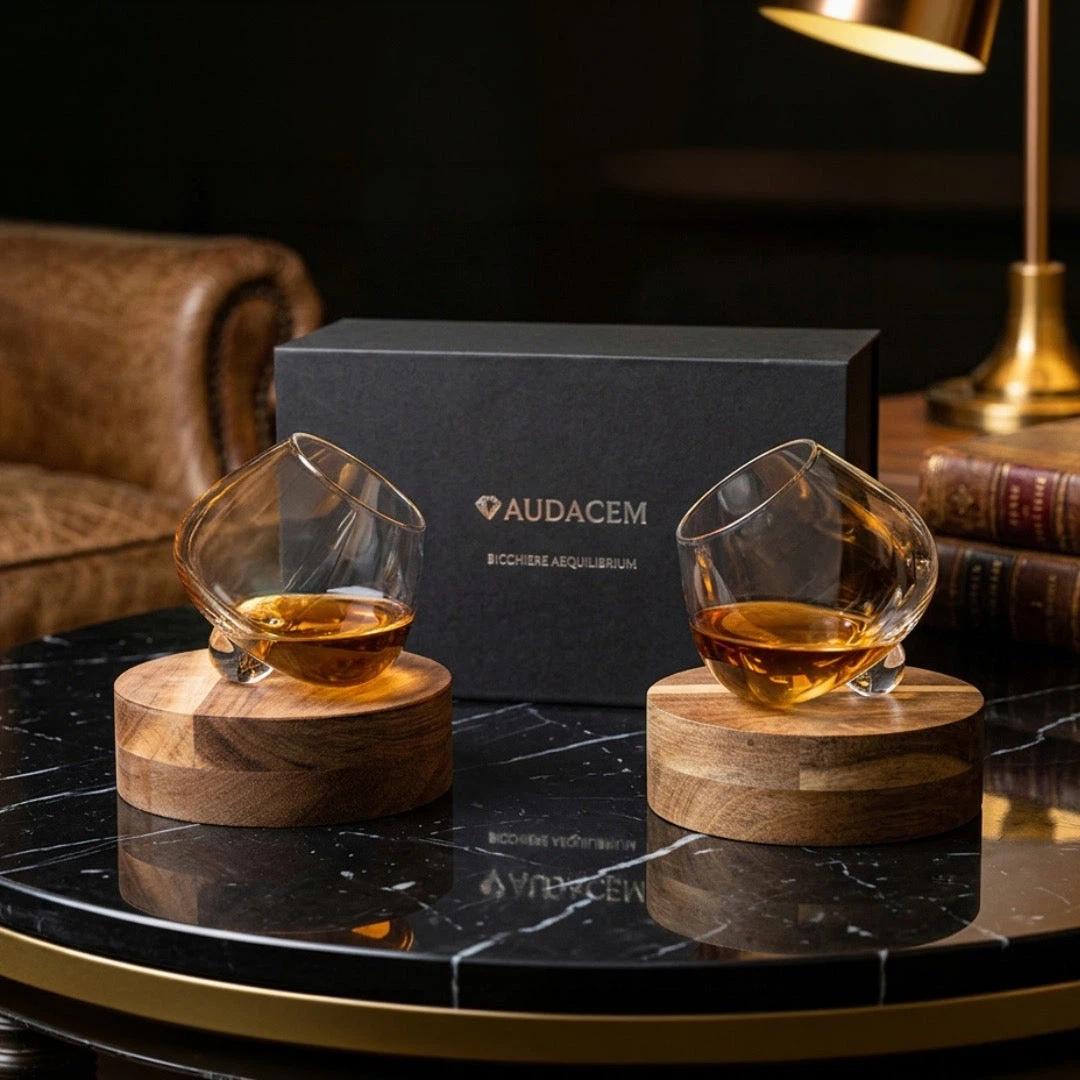Two Aequilibrium Spirit Glasses on wooden coasters sitting on top of a marble side table