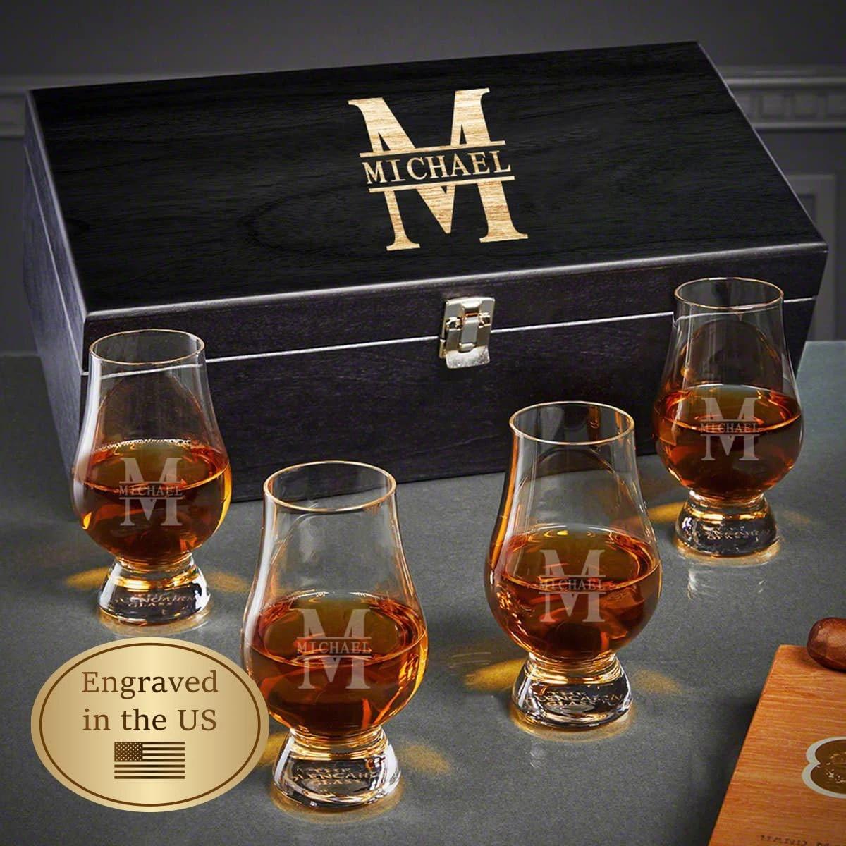 Home Wet Bar Set of 4 Engraved Glencairn Whisky Glasses with Black Wooden Box