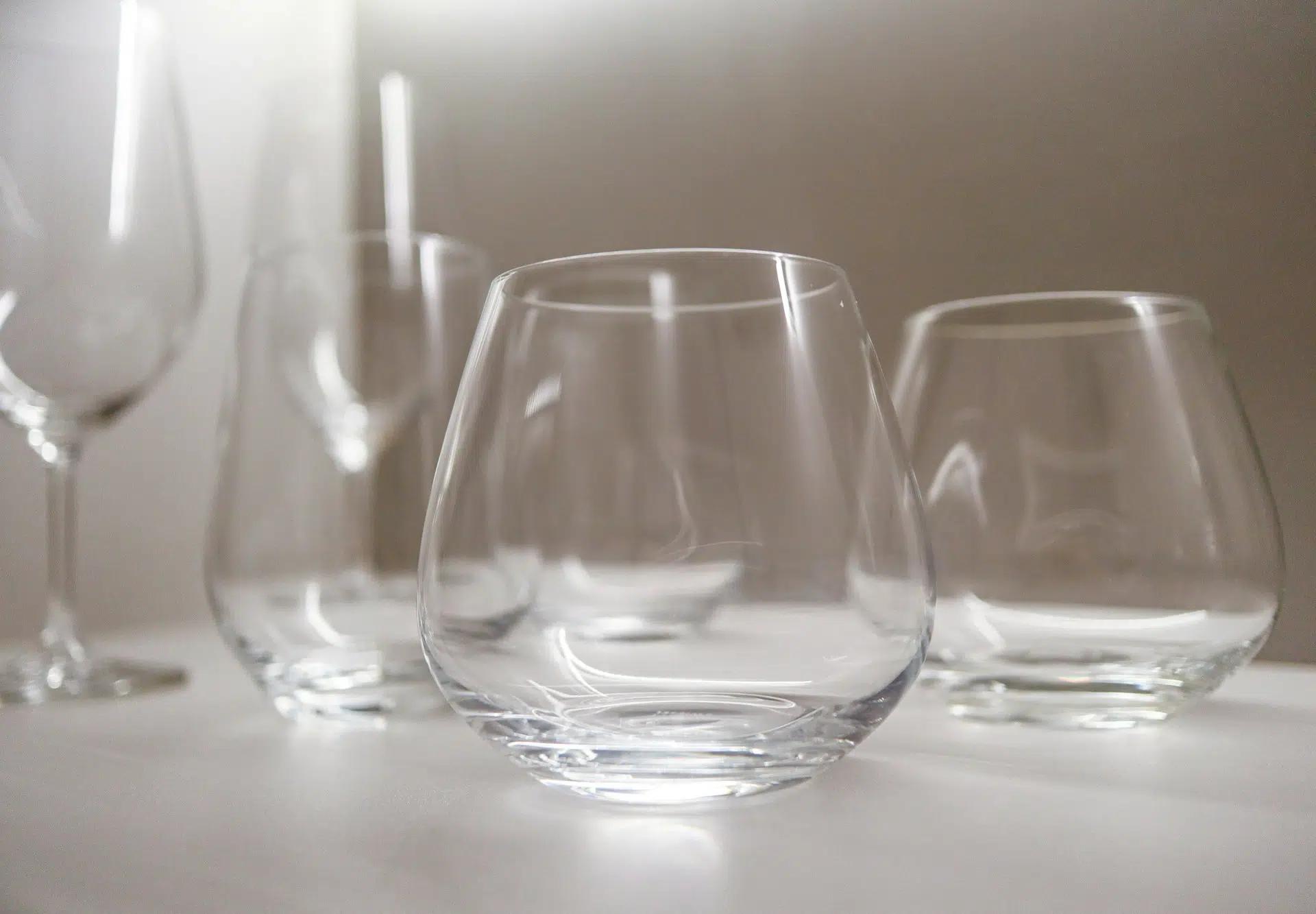 Stemless wine glasses on a table