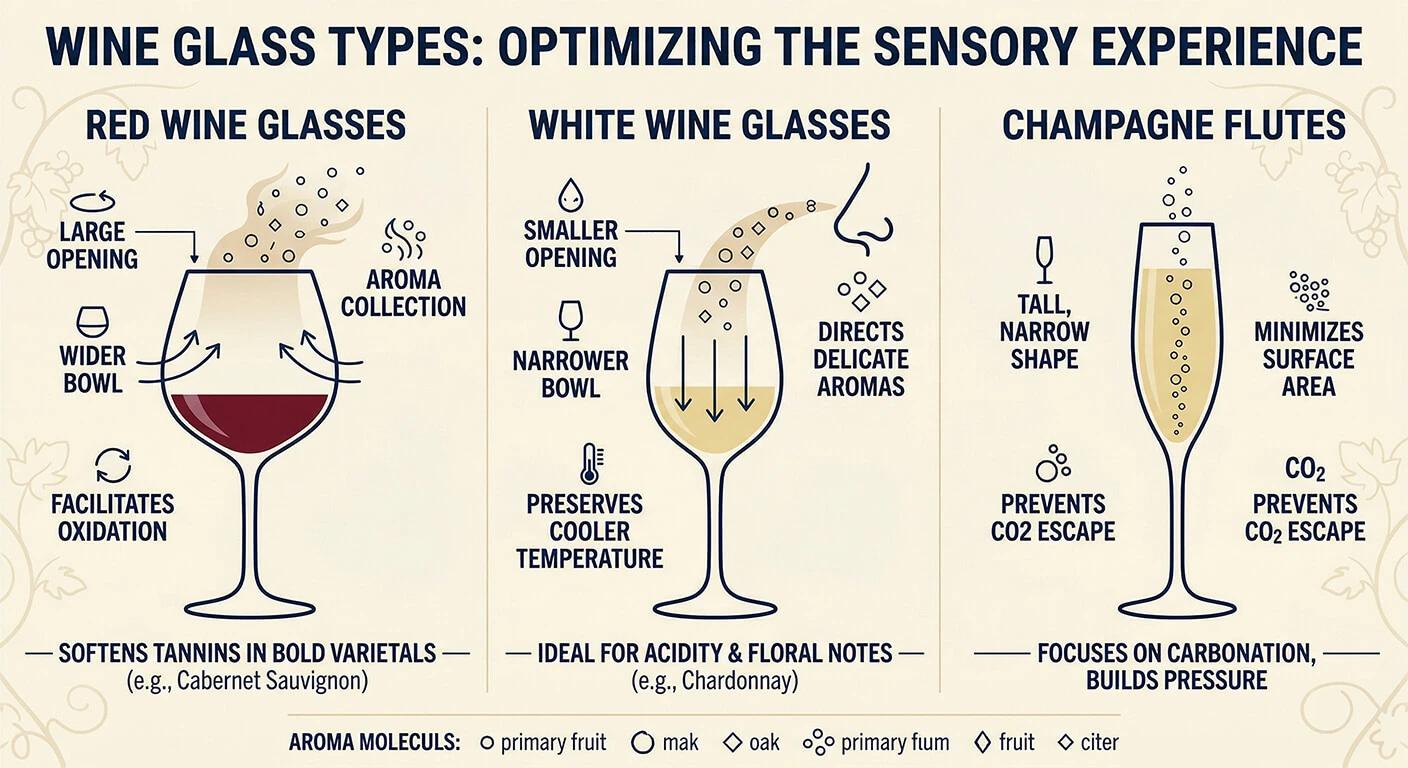 A comparison of red and white wine glasses and champagne flutes showing bowl width differences for capturing delicate aromas.