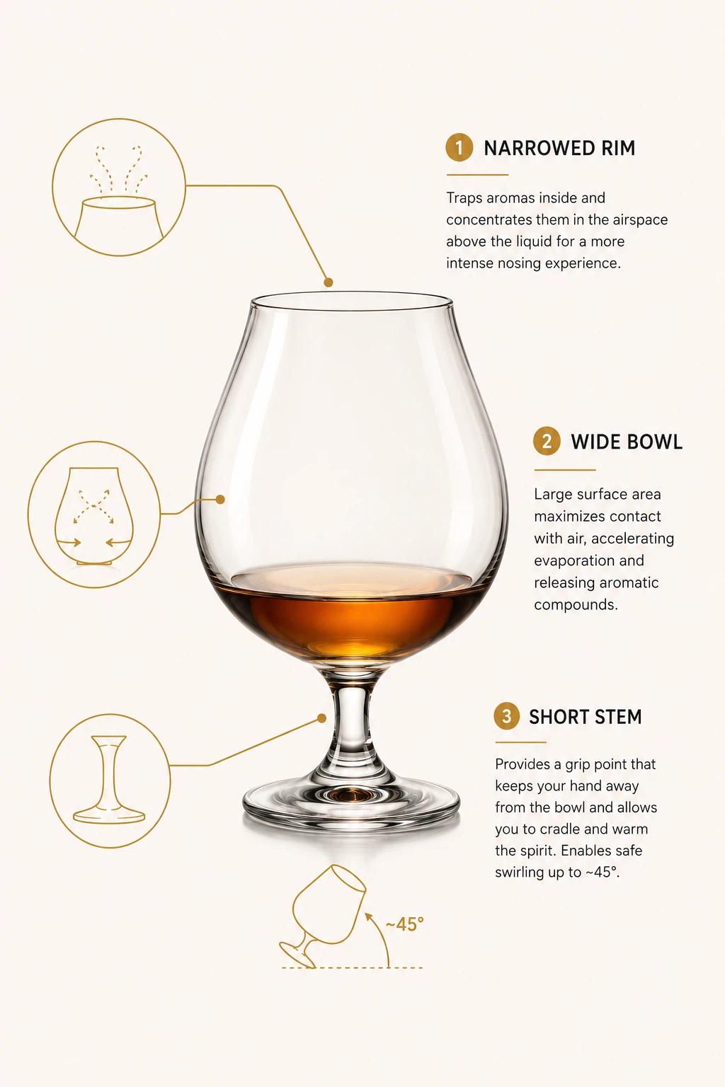 Graphic showing the anatomy of a whiskey snifter glass