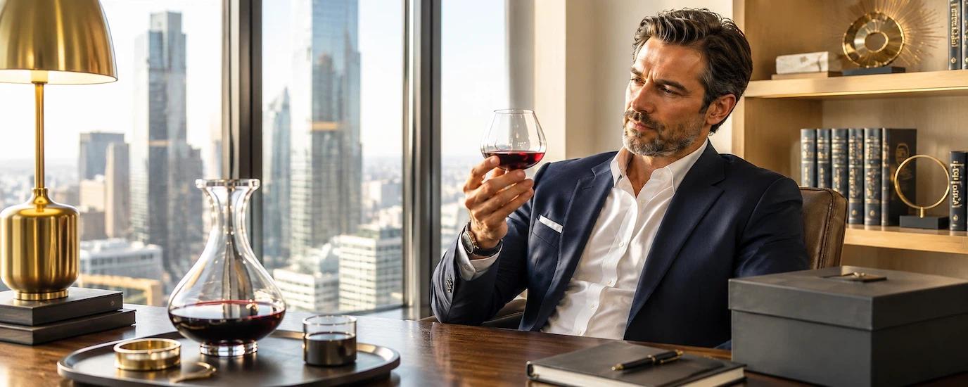A male businessman having a drink of wine in his office using the Aequilibrium Wine Glass