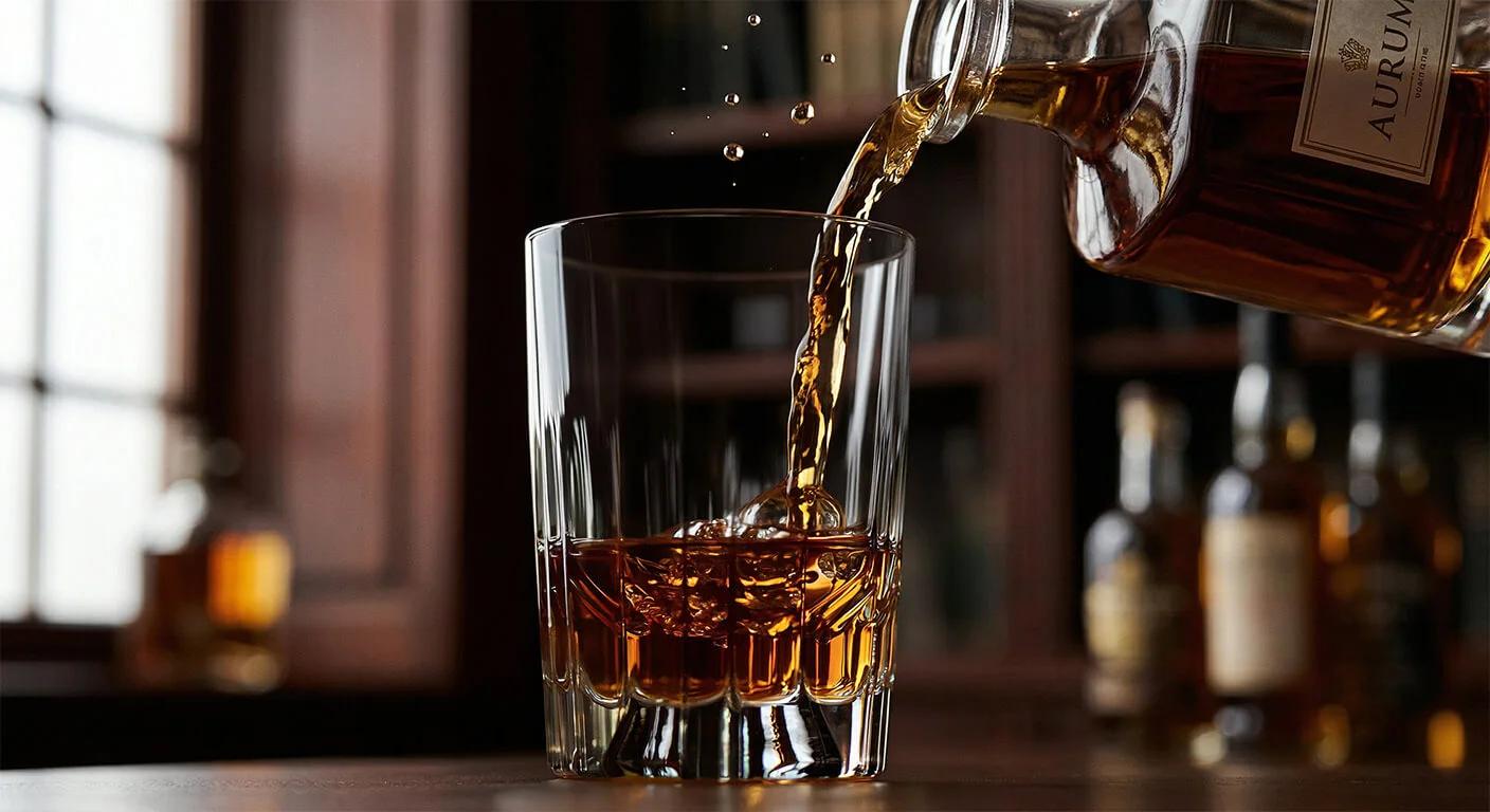 Dynamic close-up of amber whisky pouring into an whisky glass, highlighting the kinetic release of aroma molecules in a luxury library setting.
